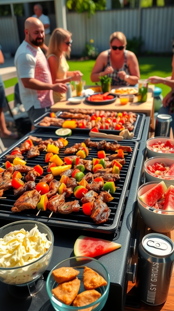 Outdoor barbecue setup with grilled meats, colorful vegetables, and refreshing sides.